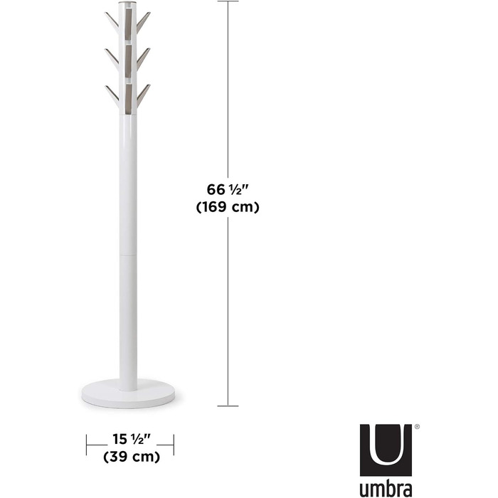 Вішалка для одягу Umbra Flapper з 9 складаними гачками, дерев'яна, біла, для передпокою та офісу, 57.2x57.2x165.1 см, комплект із 3 настінних гачків