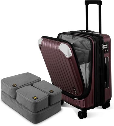Чемодан LEVEL8 на колесах, жорсткий ручний багаж із TSA-замком, червоний з органайзер-сетом, 37×25×55.5 см