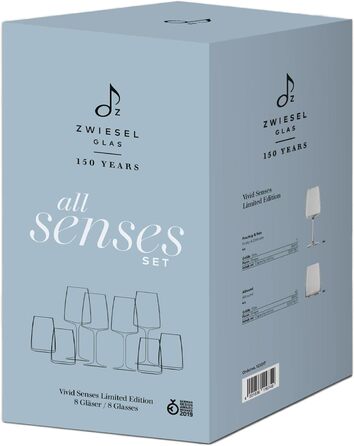 Набір склянок Zwiesel Glas Vivid Senses, 8 предметів: келихи для вина 535 мл та універсальні склянки 500 мл, лімітована серія у подарунковій коробці, для вина і води, можна мити в посудомийній машині