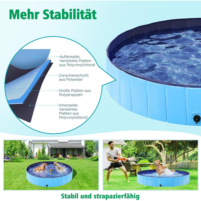 Складаний басейн для собак Yaheetech 160x30 см, протиковзкий, злив, PVC, синій, з щіткою і латками