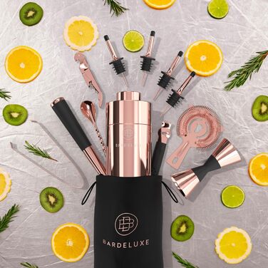 Набір для коктейлів BarDeluxe 12 предметів, шейкер 750 мл з нержавіючої сталі, подарунковий барний набір для бармена, розе-голд