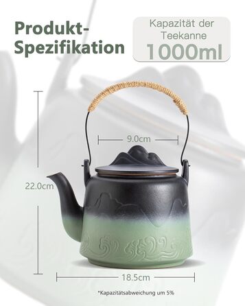 Японський чайник ZENS Design 1000 мл, керамічний з рельєфом, вбудоване сито, ручка з джуту, для заварювання листового чаю, чорний і бобово-зелений, подарунок для поціновувачів чаю