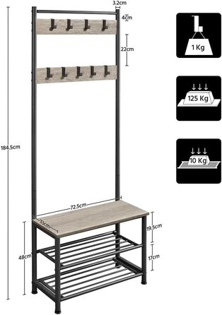 Вішалка Yaheetech для одягу з 3 полицями та гачками, металева, 184,5×72,5×33 см, сіра, для спальні, гардеробної, вітальні чи комори