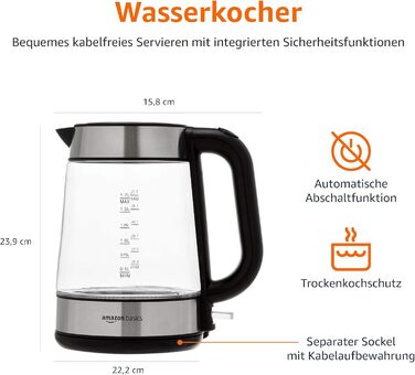Електрочайник скляний Amazon Basics, 1,7 л, 2200 Вт, чорний/сріблястий