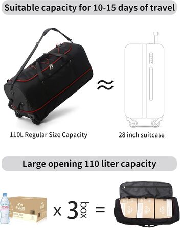 Велика розширювана дорожня сумка YHYEH 110-140 л, 80 см, з 2 колесами, спортивна та для подорожей, чорна з червоним, банджі-система