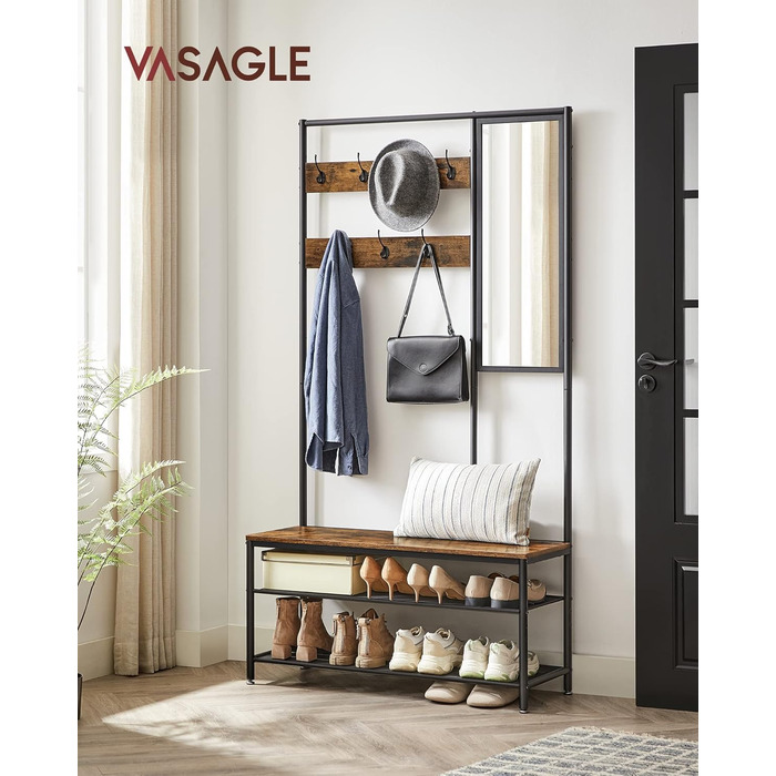 VASAGLE Вішалка для одягу з гачками, дзеркалом і лавкою, 35x98x180 см, для передпокою, спальні, вітальні, сучасна, дуб/білий, модель HSR415W09 (рустикальний коричневий + чорний)