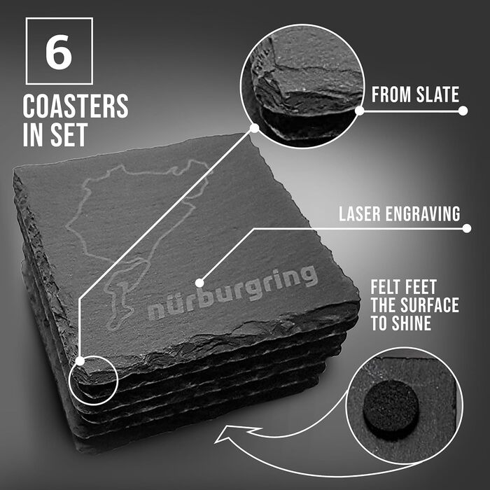 Підставки для напоїв Nürburgring, набір 6 шт, сланець, для дому та їдальні, декор для фанатів автоспорту