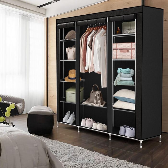 Тканинна шафа INTIRILIFE 150x175x45 см, чорна, з блискавкою, полицями, вішалкою і бічною кишенею – складана шафа для одягу, кемпінгу, гардеробу