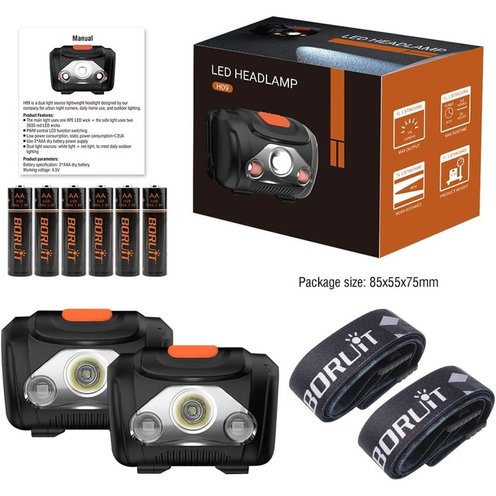 Налобний ліхтар BORUIT LED, 2 шт., з червоним світлом, 4 режими, на батарейках AAA, для дітей і дорослих, для кемпінгу, бігу, риболовлі, туризму