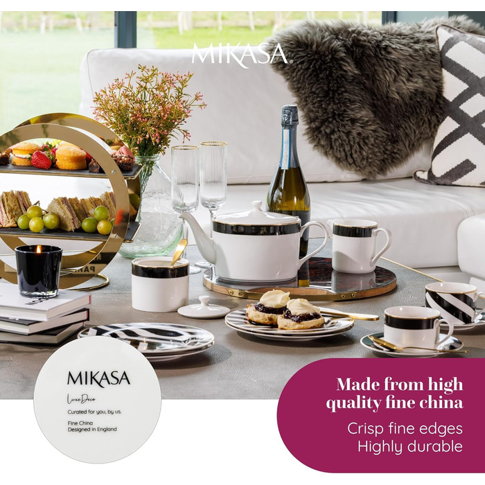 Порцеляновий чайний сервіз Mikasa Luxe Deco для однієї особи, з чайником, чашкою та блюдцем, компактний, підходить для посудомийної машини