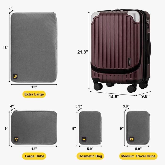 Чемодан LEVEL8 на колесах, жорсткий ручний багаж із TSA-замком, червоний з органайзер-сетом, 37×25×55.5 см