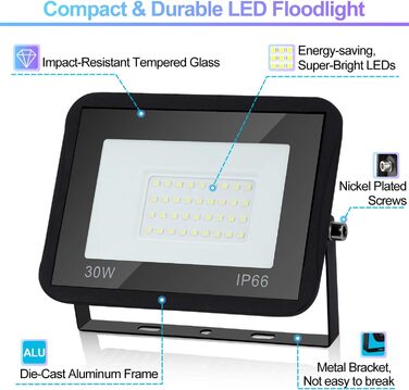 LED прожектор для вулиці та приміщень, 2 шт, 30W, IP66, 8500 Лм, холодне біле світло 6000K, водонепроникний, широкий кут 120°, суперяскравий світильник для фасаду та двору
