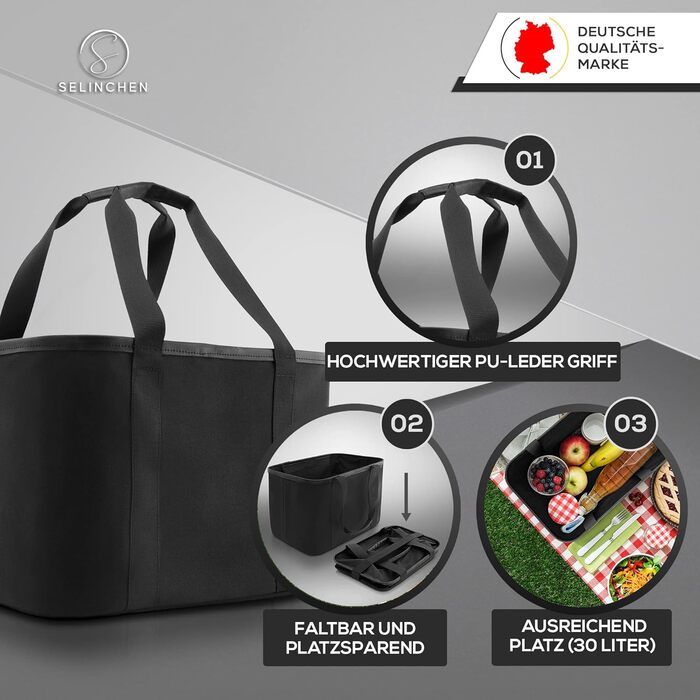 Selinchen® Преміум кошик для покупок 30 л, складна сумка з PU-шкіряною ручкою, чорний, стильна для пікніка та шопінгу