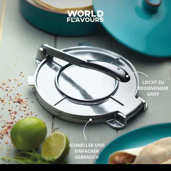 Прес для тортильї KitchenCraft World of Flavours, алюмінієвий, 20×20×9 см, сріблястий, у подарунковій коробці
