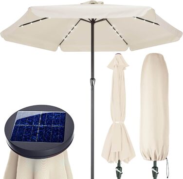 Сонячна парасоля Kingsleeve 330 см з LED підсвіткою, UV захистом 80+, сонячною батареєю, чохлом, кремова, для балкону, тераси та саду