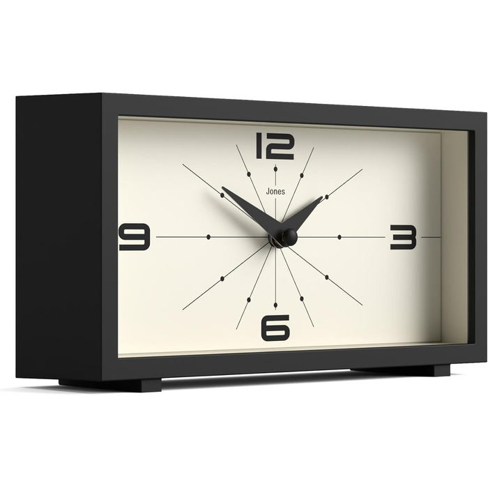 Настільний годинник JONES CLOCKS Odeon чорний, сучасний ретро-дизайн, прямокутний, для полиці, столу, каміну чи тумбочки