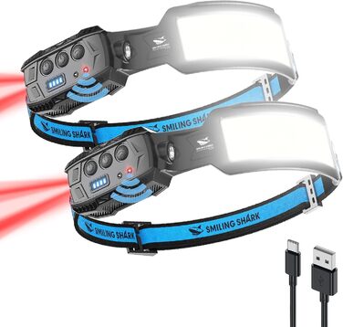 Світлодіодний налобний ліхтар Smiling Shark з датчиком руху, 7 білих LED, 270° освітлення, червоне заднє світло, для кемпінгу, риболовлі, ремонту, акумуляторний, 2 шт.