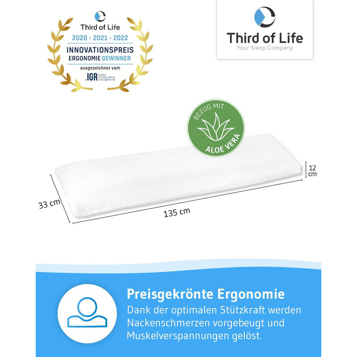 Ортопедична подушка для сну на боці Third of Life SOÑAR, ергономічна, парна, з в'язкоеластичного піни, гіпоалергенна, з чохлом Aloe Vera, 135x33x12 см