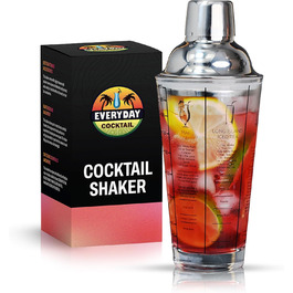 EVERYDAY COCKTAIL професійний скляний шейкер для коктейлів 400 мл, мартіні, з рецептами, прозорий барний шейкер з мірною шкалою та вбудованим ситом