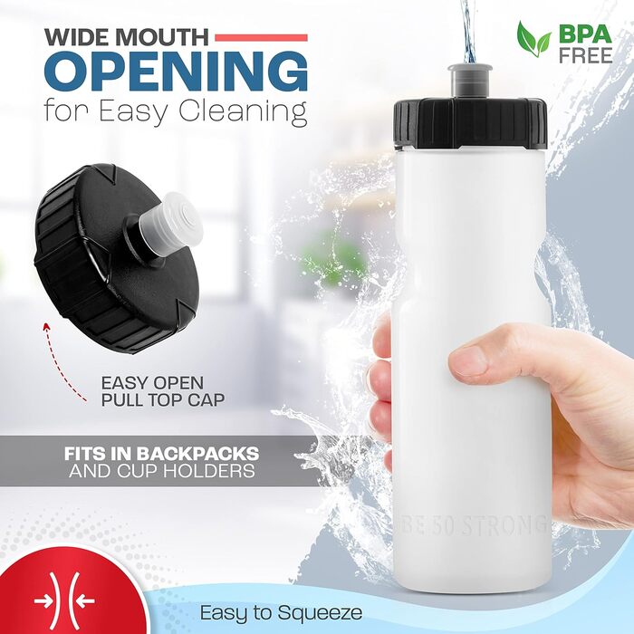 Спортивні пляшки для води 50 Strong, набір 6 шт, 650 мл, BPA Free, легка кришка Push/Pull, прозорі, різні кольори