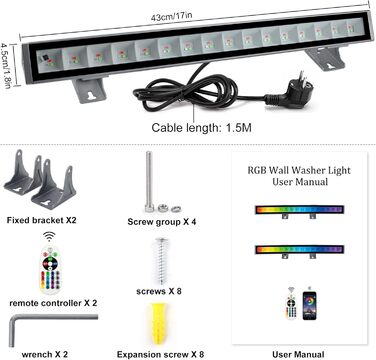 RGB LED прожектор 48Вт, настінний світильник-бар, IP66, водонепроникний, керування через пульт і додаток, для вулиці та приміщень, підсвічування дерев, вечірок, саду
