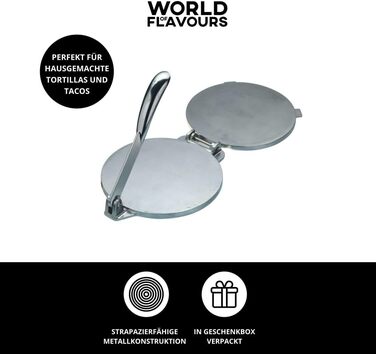Прес для тортильї KitchenCraft World of Flavours, алюмінієвий, 20×20×9 см, сріблястий, у подарунковій коробці