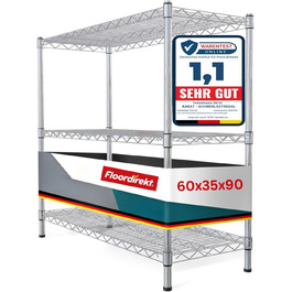 Кухонна металева полиця Floordirekt Everest, багатофункціональний хромований стелаж 60x35x90 см, 3 полиці, ванна, комора, вантажопідйомність 70 кг на полицю