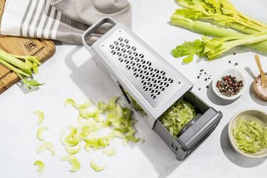 Терка кухонна ZWILLING Z-Cut, 4 насадки, нерж. сталь, з контейнером, для овочів, сиру, картоплі, пармезану, двостороння, 26×11×11 см, підходить для посудомийки, сіра