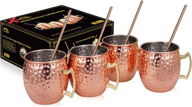 Набір мідних кухлів для Moscow Mule, 4 шт. по 550 мл з трубочками у подарунковій коробці – 100% мідь для коктейлів і охолоджених напоїв