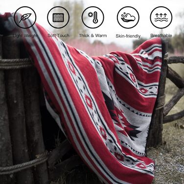 Плед HORIMOTE HOME Boho з м'яким шерпа-підкладом, азтекський стиль, легка тепла ковдра для дивану, ліжка, кемпінгу, 152x203 см, червоний