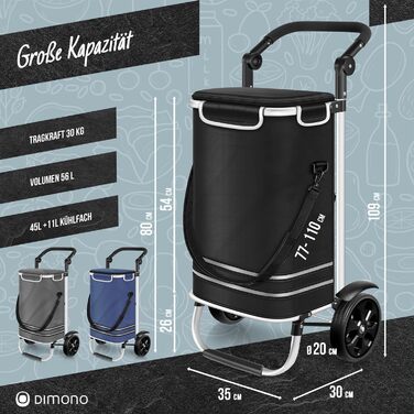 Сумка-візок Dimono Rolltex 3-в-1 для покупок, 56 л, з ізотермічним відділенням, складний шопінг-тролей, чорний