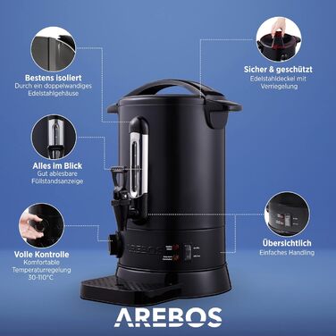 Електричний диспенсер для глінтвейну Arebos 6,8 л, 950 Вт, з термостатом, краном, піддоном, захистом від перегріву, температурний режим 30-110°C, чорний