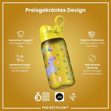 Дитяча термобутилка з нержавіючої сталі ion8 320 мл, герметична, з однією кнопкою відкривання, безпечне блокування, зручний носик, для води та напоїв, яскравий дизайн «Єдиноріг» (серія Evo, Recyclon, жовта), легко мити, довговічна