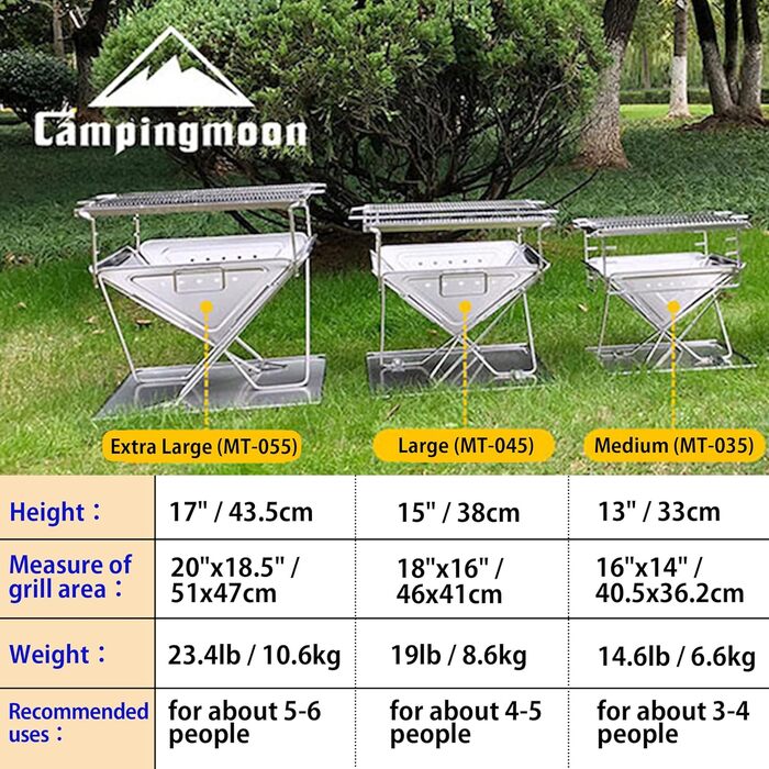 CAMPINGMOON 3-в-1 портативний гриль-мангал та вогнище з нержавіючої сталі 35,6x39 см з чохлом MT-035