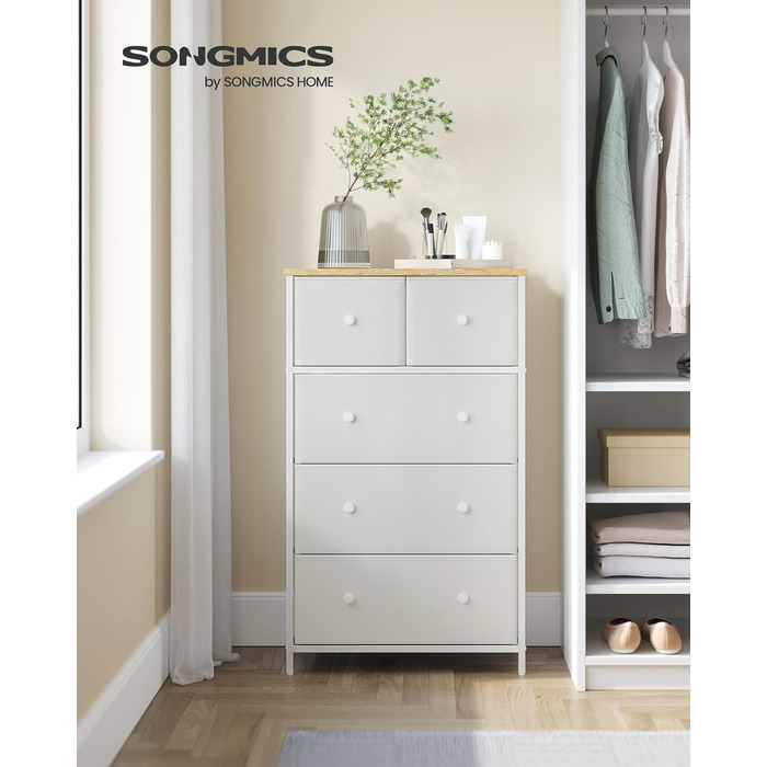 Комод SONGMICS, органайзер з 5 тканинними шухлядами, для коридору та вітальні, білий-дуб, LTS514W57