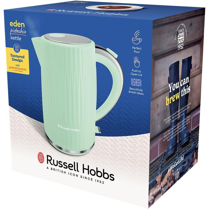 Електрочайник Russell Hobbs Eden 1,7 л, 2400 Вт, білий, з нержавіючої сталі, знімний фільтр від накипу, кнопка відкриття кришки, індикатор рівня води, підсвічування, BPA-free, 27360-70 (пісташковий)