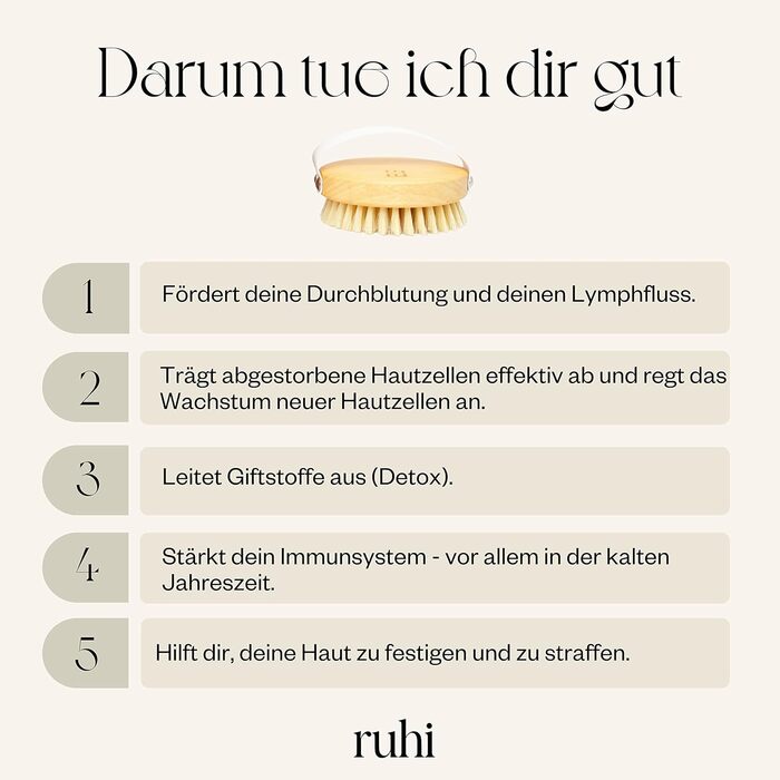 Кругла щітка для тіла RUHI з натуральної щетини, FSC бук, для сухого масажу та лімфодренажу, виготовлена в Німеччині, без пластику