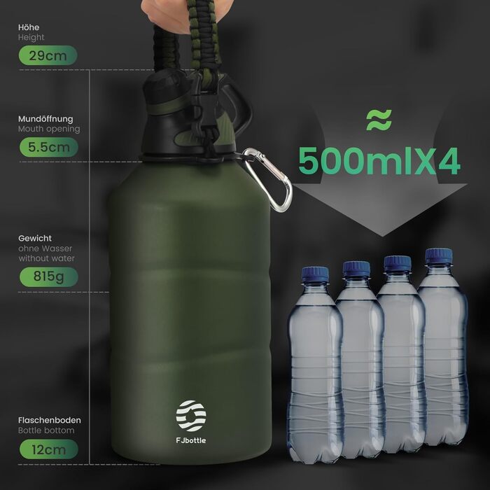 Термобутилка з нержавіючої сталі Fjbottle 1900 мл, магнітна кришка, без BPA, подвійні стінки, для газованої води, спортивна фляга для університету, фітнесу, кемпінгу, активного відпочинку, зелена