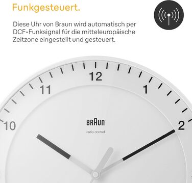 Настінний годинник Braun BC17W-DCF, 30 см, білий, безшумний, радіокерований, велика класична модель, легке читання, центральноєвропейський час (MEZ/GMT+1)