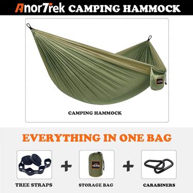Кемпінгова гамак AnorTrek, надлегкий портативний парашутний гамак з двома ременями для дерев, одно- або двомісний, нейлон, туристичний, синій/темно-синій (армійський зелений та хакі, 300 x 200 см)