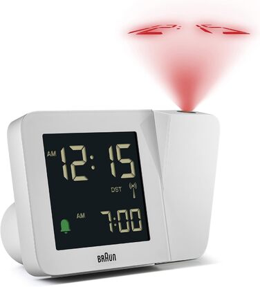 Проекційний радіо-годинник Braun BC15W-DCF з негативним LCD-дисплеєм, DCF, швидке налаштування та звуковий будильник, білий
