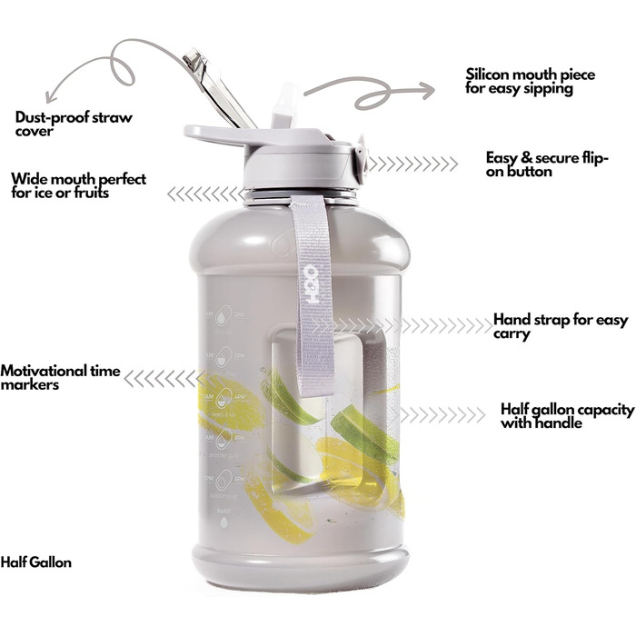Пляшка для води H2O Capsule INSPO 2,5 л з мітками часу, соломинкою, ручкою та ремінцем, харчовий пластик, не протікає, мотиваційна, сіро-бежева