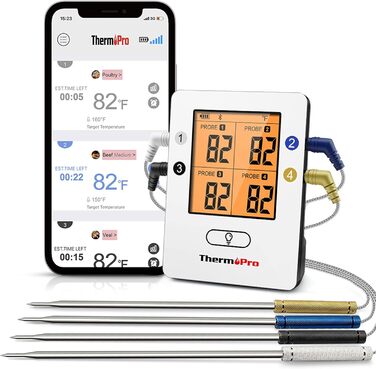 Bluetooth термометр для кухні ThermoPro TP25H2 з таймером, сигналом, 4 зондами, для м'яса, гриля та духовки, 150 м