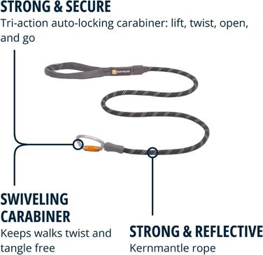 RUFFWEAR Knot-a-Leash — світловідбивний повідок для собак із мотузки з карабіном, 1,5 м, 7 мм, чорний