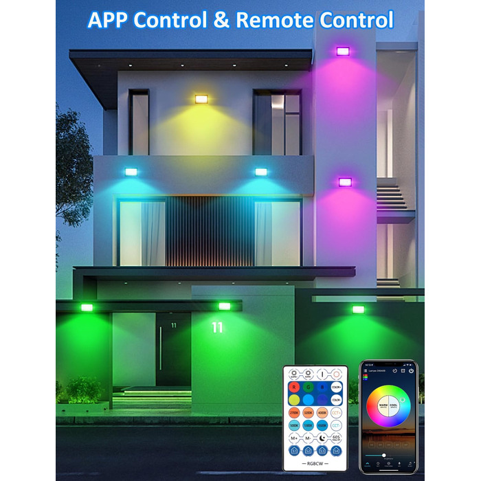 LED прожектор для вулиці 100W RGB з пультом і Bluetooth APP, IP66, водонепроникний, набір 2 шт., кольорове підсвічування для саду та двору
