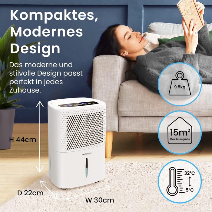 Осушувач повітря Pro Breeze 12 л/24 год для кімнат до 120 м³, з цифровим дисплеєм, таймером, дренажним шлангом, 3 режимами, проти вологи і плісняви, білий