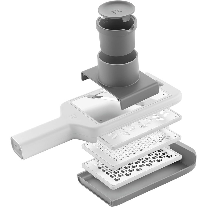 Терка кухонна ZWILLING Z-Cut, багатофункціональна, нержавіюча сталь, 4 змінні насадки, двостороннє натирання, з лотком, сіра