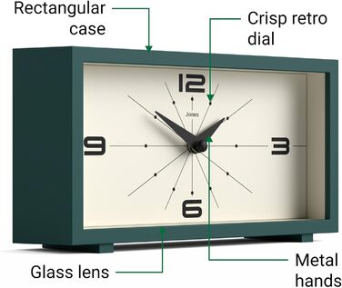 Настільний годинник JONES CLOCKS Odeon, сучасний прямокутний ретро-дизайн, зелений, для столу, полиці, каміна чи тумбочки