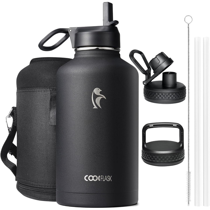 Термос пляшка для води Coolflask 2 л з трубочкою та 3 кришками, ізольована сталева спортивна пляшка з подвійною вакуумною ізоляцією, не протікає, чорна для спорту та офісу