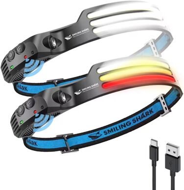 Світлодіодний налобний ліхтар Smiling Shark 230° з широким кутом, 3 LED, 2 смужки, надяскравий, водонепроникний, акумуляторний, для бігу, кемпінгу (білий + мультиколор)